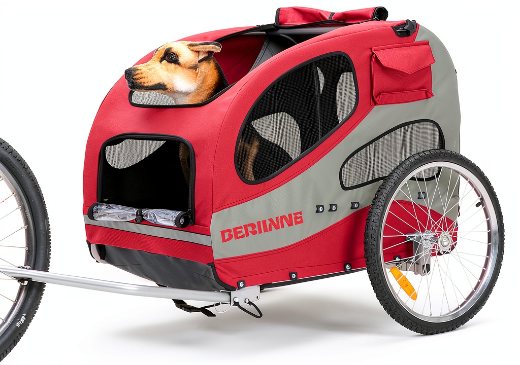 Sepnine dog bike trailer attached to a bicycle on a trail