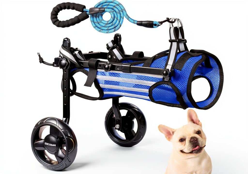 Dog using wheelchair on grassy path