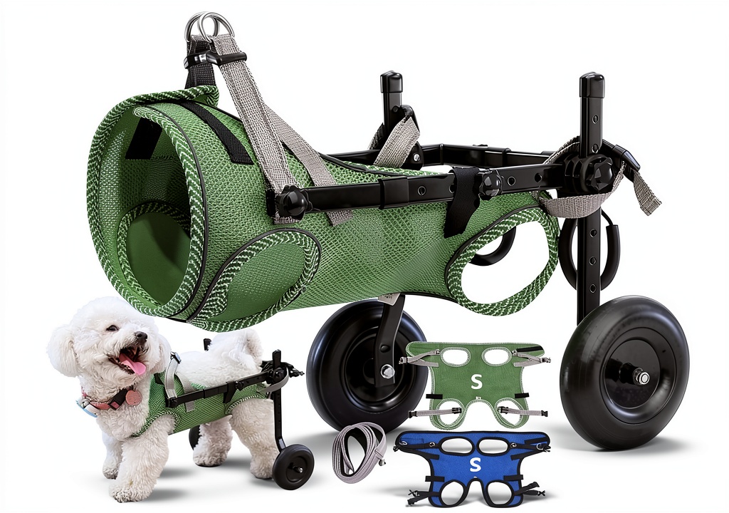 Pet Baby dog wheelchair in olive green on a grassy field