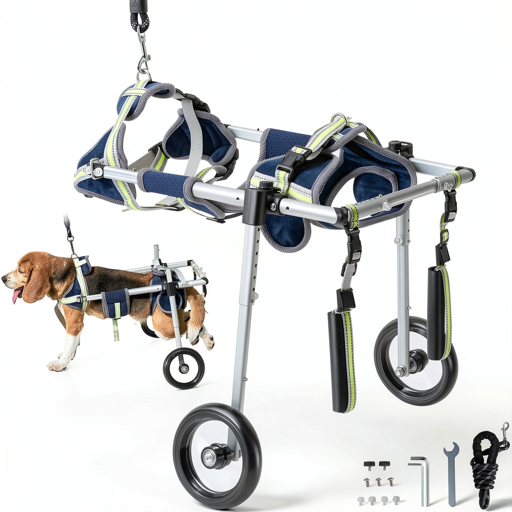 Small dog using VEVOR wheelchair on a park trail