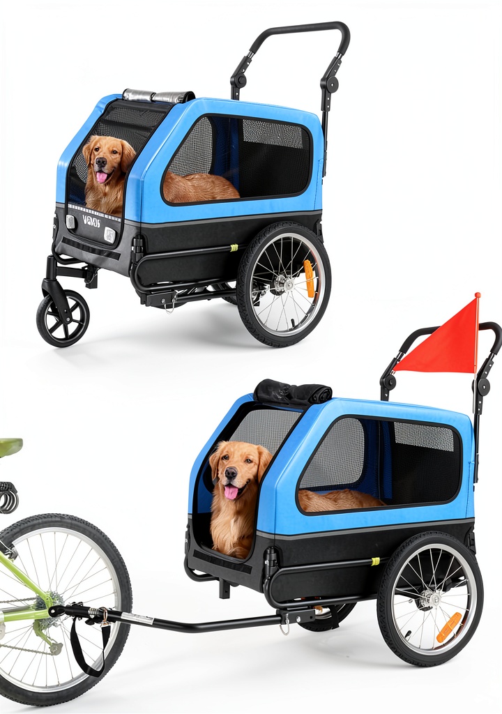 VEVOR Dog Bike Trailer attached to a mountain bike on a forest trail